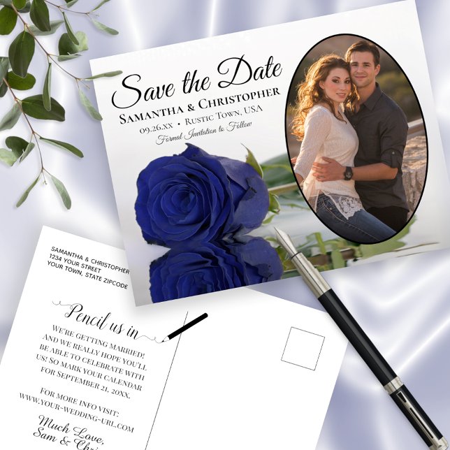 Navy Blue Rose Oval Photo Wedding Save The Date Announcement Postcard (Creator Uploaded)