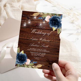 Navy Blue Rose Rustic Wood Wedding Invitation