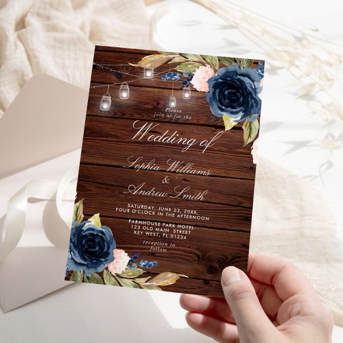 Navy Blue Rose Rustic Wood Wedding Invitation