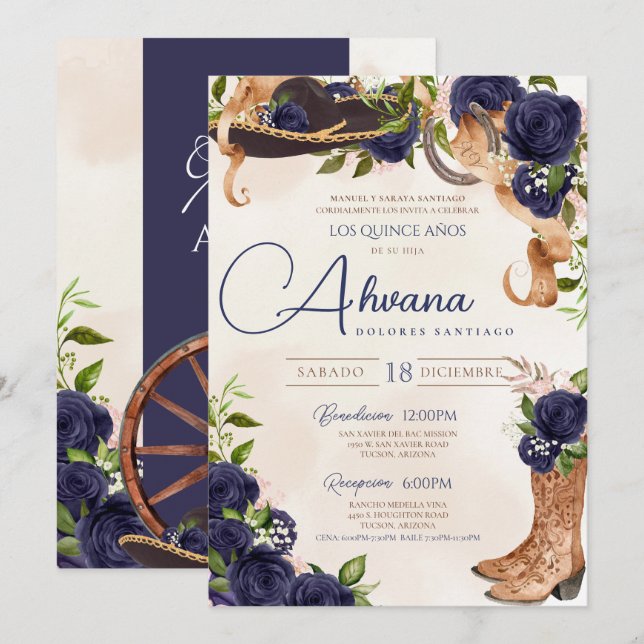 Navy Blue Rose Vintage Charro Western Quinceañera Invitation (Front/Back)