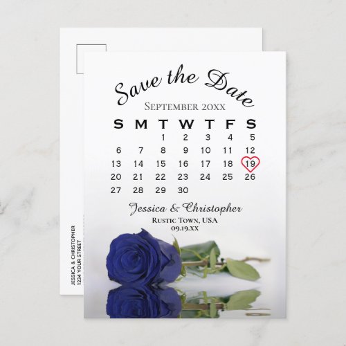 Navy Blue Rose Wedding Calendar Save the Date Announcement Postcard