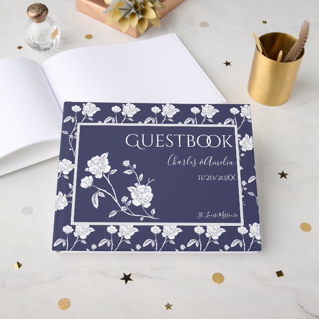 Navy Blue Rose Wedding Guest Book (Front Open)
