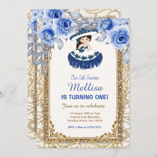 Navy Blue Roses and Gold Mexican Birthday Invitation