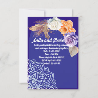 Navy Blue roses and mandala wedding Invitation