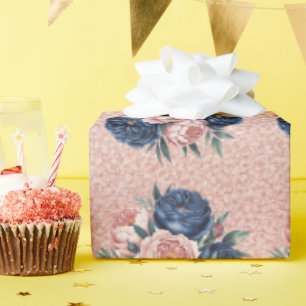 Navy Blue Roses and Rose Gold Peony Wedding Wrapping Paper