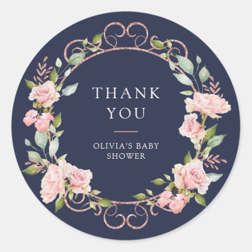 Navy Blue  Roses Baby Shower or Baptism Thank You Classic Round Sticker