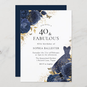 Navy Blue Roses & Dress Gold 40 & Fabulous 40th Invitation