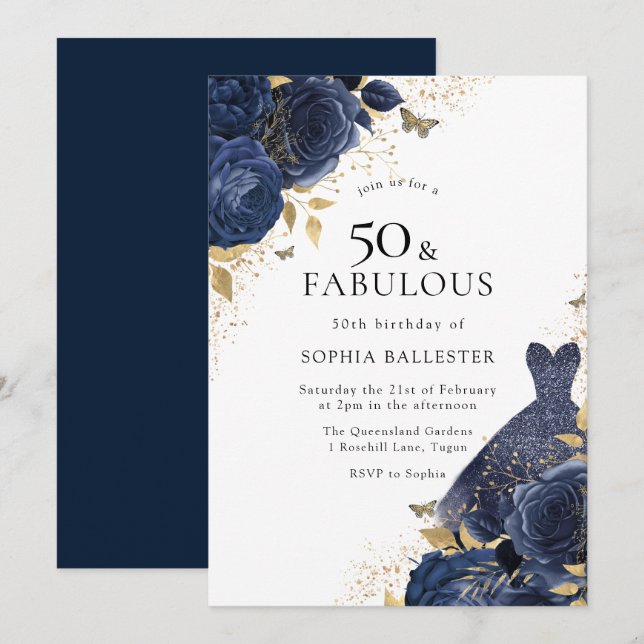 Navy Blue Roses & Dress Gold 50 & Fabulous 50th Invitation (Front/Back)