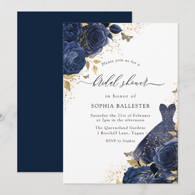 Navy Blue Roses & Dress Gold Bridal Shower Invitation (Front/Back)