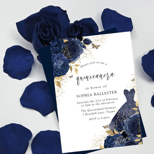 Navy Blue Roses  Dress Gold Quinceanera Party Invitation