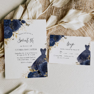 Navy Blue Roses & Dress Gold Sweet 16 Party Invitation