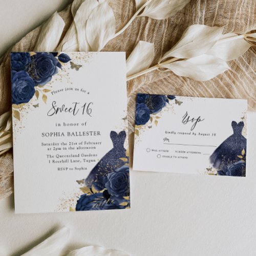 Navy Blue Roses  Dress Gold Sweet 16 Party Invitation