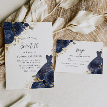 Navy Blue Roses & Dress Gold Sweet 16 Party Invitation by Nicheandnest at Zazzle