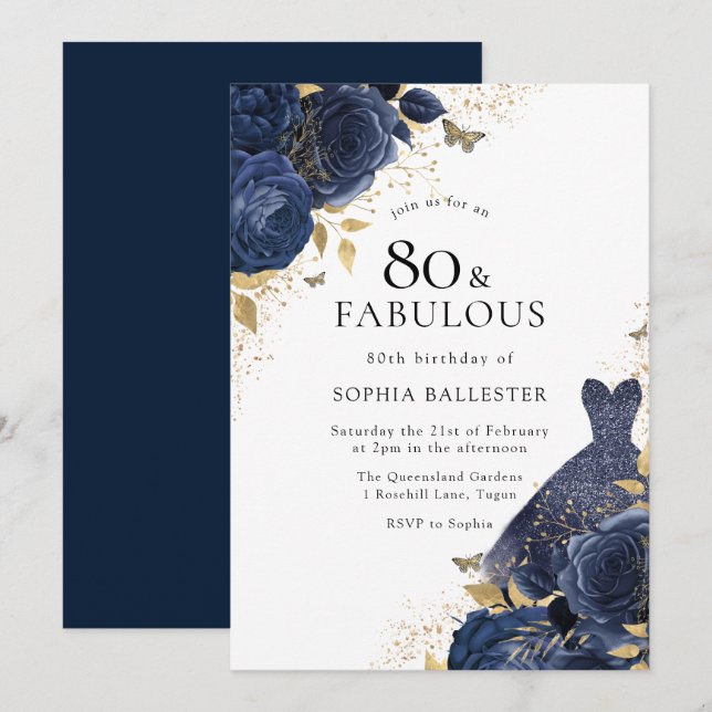Navy Blue Roses & Dress Gold Womans 80th Birthday Invitation (Front/Back)