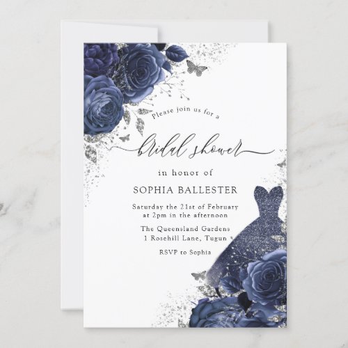 Navy Blue Roses  Dress Silver Bridal Shower Invitation