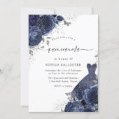 Navy Blue Roses & Dress Silver Quinceanera Party Invitation (Front)