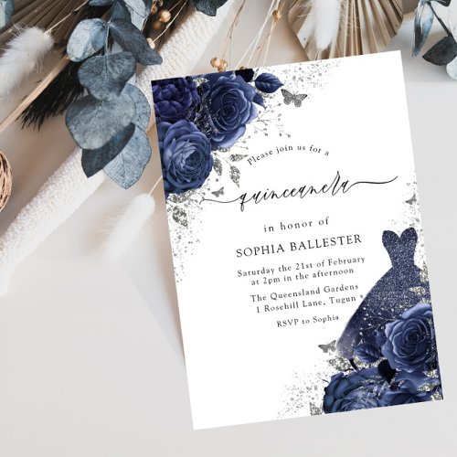 Navy Blue Roses  Dress Silver Quinceanera Party Invitation