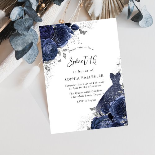 Navy Blue Roses  Dress Silver Sweet 16 Party Invitation