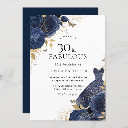 Navy Blue Roses  Dress Womans 30th Birthday Party Invitation