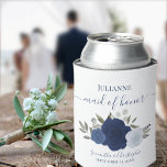 Navy Blue Roses Elegant Maid of Honor Wedding Can Cooler<br><div class="desc">This beautiful wedding can cooler is a fun and thoughtful way to thank your maid of honor. It features a beautiful boho chic design with elegant script lettering and a cluster of hand painted watercolor roses, eucalyptus leaves and greenery in shades of dusty blue, navy, and indigo. The caption reads:...</div>