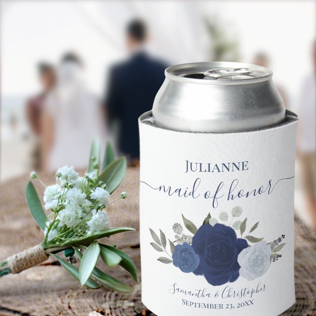 Navy Blue Roses Elegant Maid of Honor Wedding Can Cooler (Creator Uploaded)