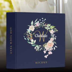Navy Blue Roses Floral Gold Monogram Recipe 3 Ring Binder