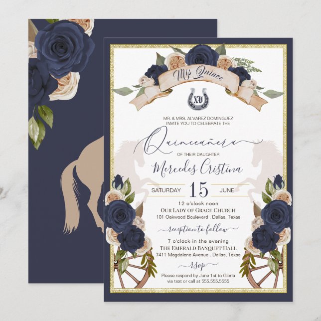 Navy Blue Roses Floral & Horses Charro Quinceanera Invitation (Front/Back)