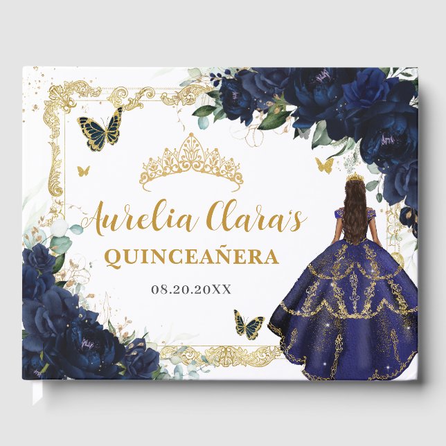 Navy Blue Roses Floral Princess Gold Quinceanera Guest Book (Front)