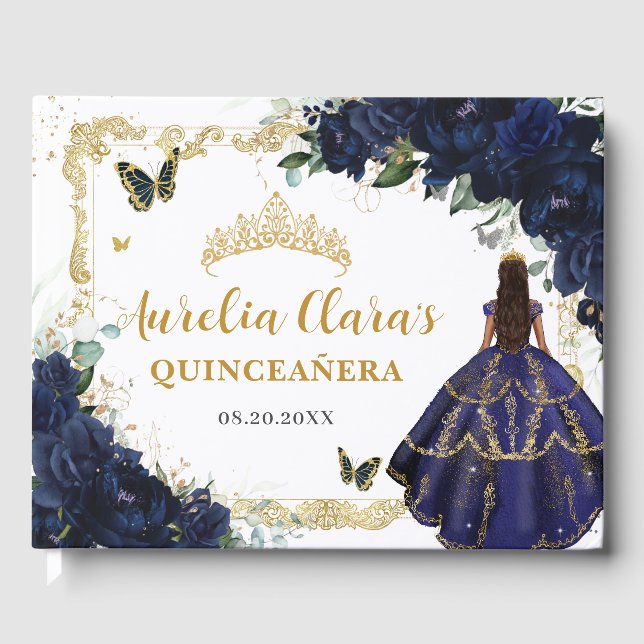 Navy Blue Roses Floral Princess Gold Quinceanera Guest Book (Front)