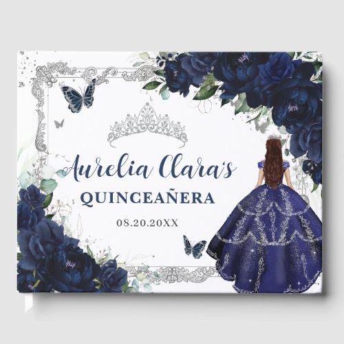 Navy Blue Roses Floral Princess Quincea&#241;era 15 16 Guest Book