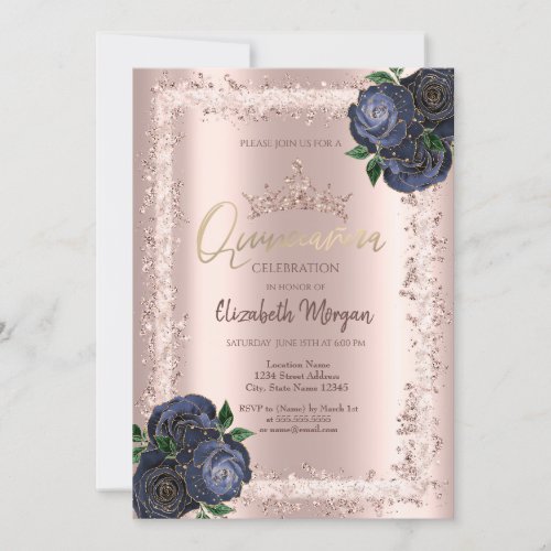 Navy Blue Roses Glitter Frame Crown Quinceaera  Invitation