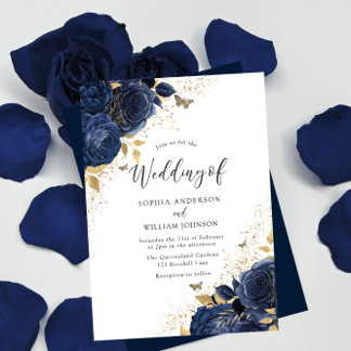 Navy Blue Roses & Gold Butterflies Wedding Invitation
