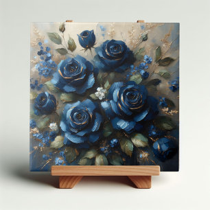 Navy Blue Roses Gold Gilding Impressionist Art Ceramic Tile