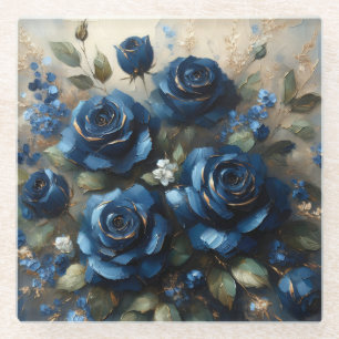 Navy Blue Roses Gold Gilding Impressionist Art Glass Coaster