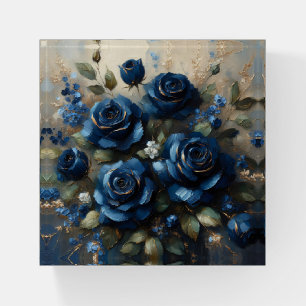 Navy Blue Roses Gold Gilding Impressionist Art Paperweight