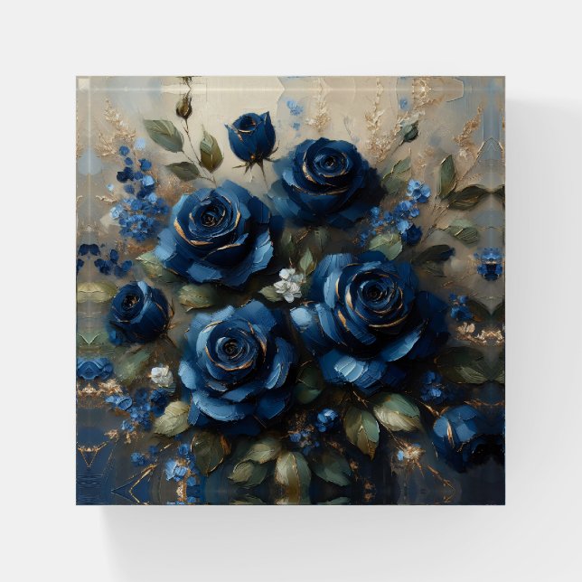 Navy Blue Roses Gold Gilding Impressionist Art Paperweight (Front)