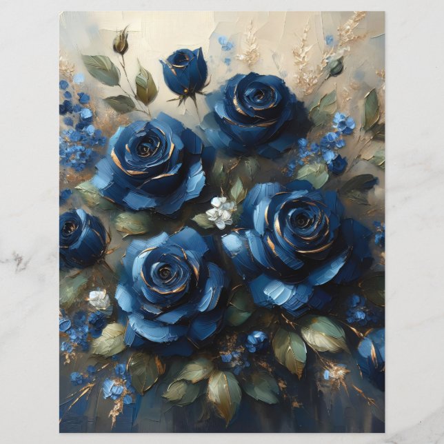 Navy Blue Roses Gold Impressionist Scrapbook Paper (Front)