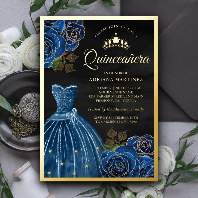 Navy Blue Roses Gown Black Quinceanera Gold Foil Invitation (Creator Uploaded)