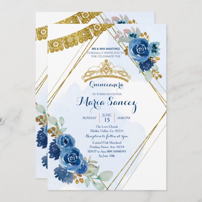 Navy Blue Roses Mis Quince Invitation (Front/Back)