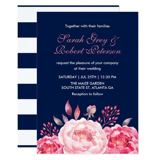 Navy Blue Roses Stripes Floral Wedding Invitation