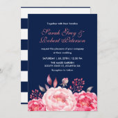Navy Blue Roses Stripes Floral Wedding Invitation (Front/Back)