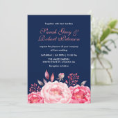 Navy Blue Roses Stripes Floral Wedding Invitation (Standing Front)