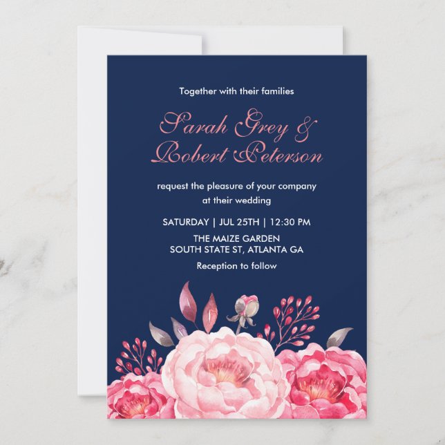 Navy Blue Roses Stripes Floral Wedding Invitation (Front)