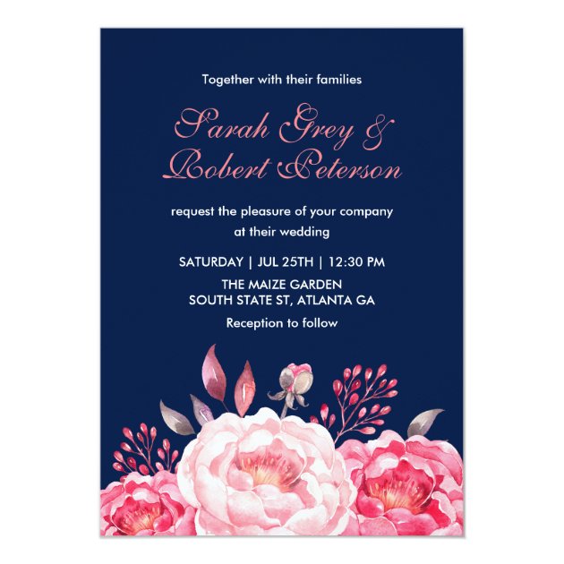 Navy Blue Roses Stripes Floral Wedding Invitation