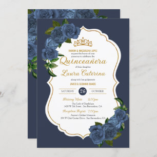 Navy Blue Roses White and Gold Elegant Quinceanera Invitation