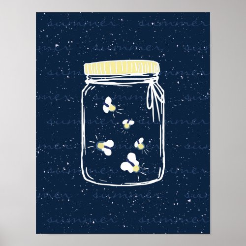Navy Blue Rough Sketch Fireflies in Mason Jar Poster