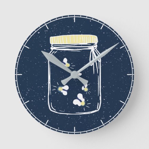 Navy Blue Rough Sketch Fireflies in Mason Jar Round Clock