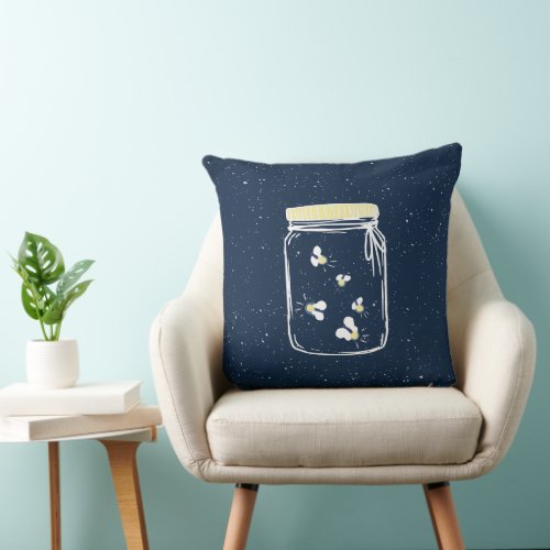 Navy Blue Rough Sketch Fireflies in Mason Jar Throw Pillow