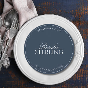 Navy Blue Round Wedding Guest Place & Menu Card
