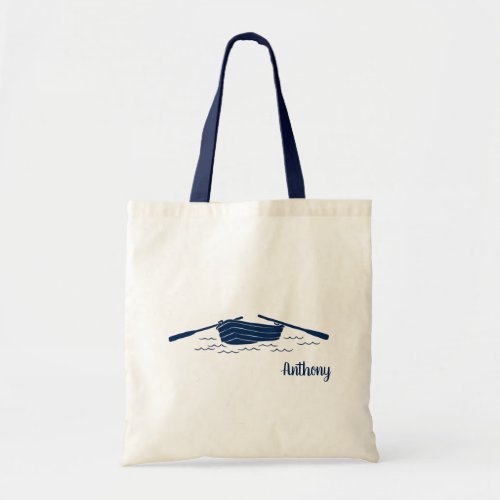 Navy Blue Rowboat Graphic Personalized Tote Bag